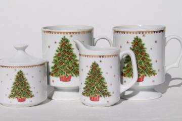 catalog photo of Christmas tree china coffee mugs, cream & sugar set, Lorrie label vintage Japan