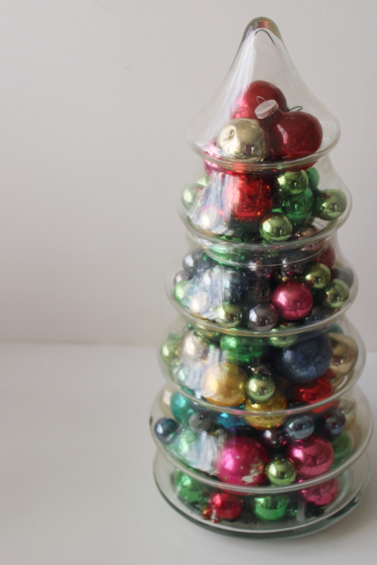 photo of Christmas tree glass apothecary candy jar full of vintage ornaments, mini glass balls #1