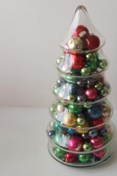 Christmas tree glass apothecary candy jar full of vintage ornaments, mini glass balls