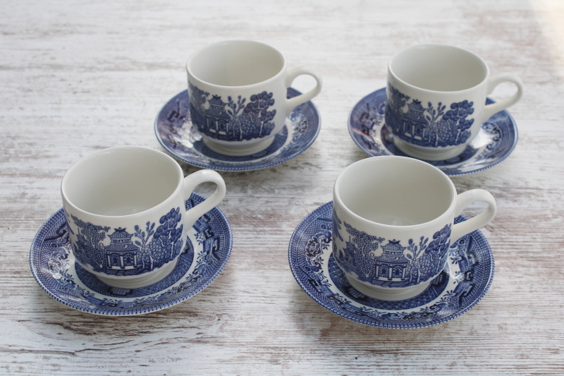 photo of Churchill England blue willow pattern china tea cups & saucers set of 4  #1