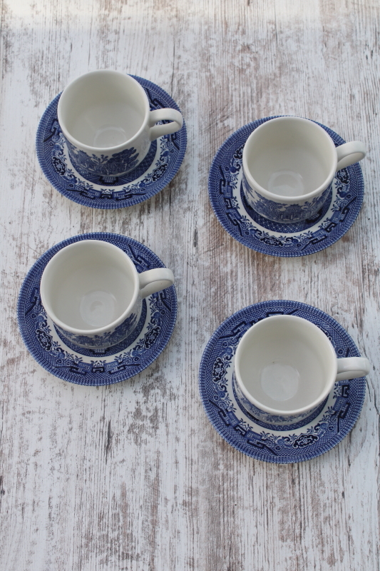 photo of Churchill England blue willow pattern china tea cups & saucers set of 4  #2