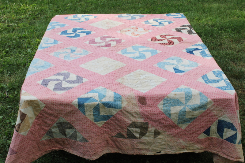 photo of Civil War 1800s vintage pinwheel pattern quilt, very old antique cotton fabrics hand pieced patchwork quilt  #1