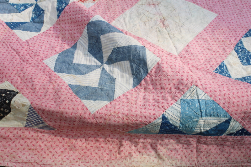photo of Civil War 1800s vintage pinwheel pattern quilt, very old antique cotton fabrics hand pieced patchwork quilt  #2