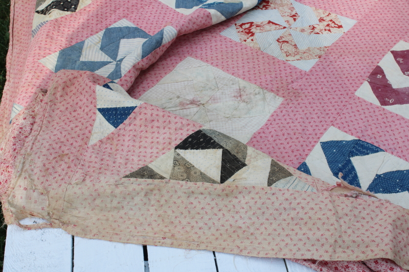 photo of Civil War 1800s vintage pinwheel pattern quilt, very old antique cotton fabrics hand pieced patchwork quilt  #3