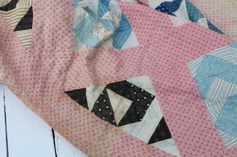 photo of Civil War 1800s vintage pinwheel pattern quilt, very old antique cotton fabrics hand pieced patchwork quilt  #4