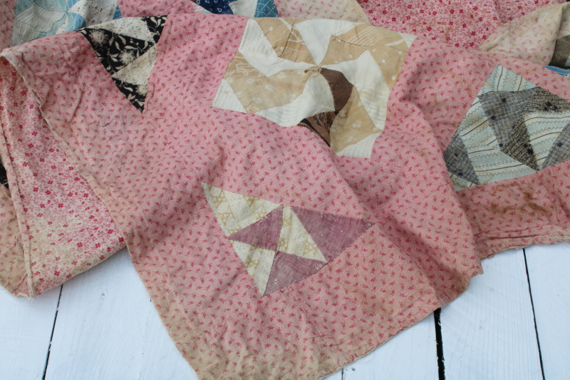 photo of Civil War 1800s vintage pinwheel pattern quilt, very old antique cotton fabrics hand pieced patchwork quilt  #5