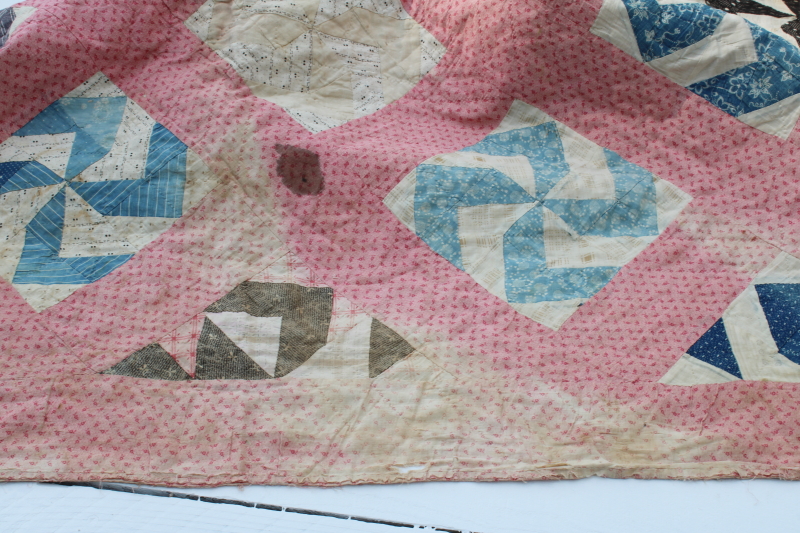 photo of Civil War 1800s vintage pinwheel pattern quilt, very old antique cotton fabrics hand pieced patchwork quilt  #6