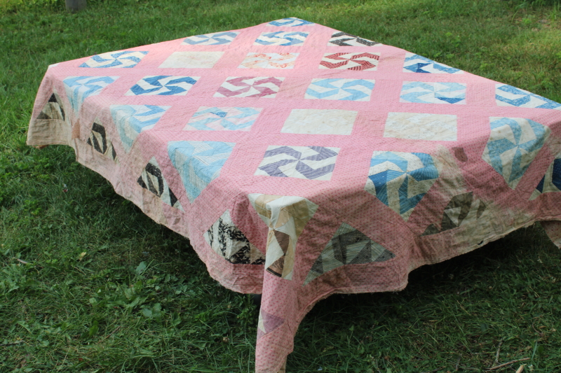 photo of Civil War 1800s vintage pinwheel pattern quilt, very old antique cotton fabrics hand pieced patchwork quilt  #12