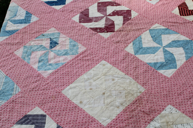 photo of Civil War 1800s vintage pinwheel pattern quilt, very old antique cotton fabrics hand pieced patchwork quilt  #15