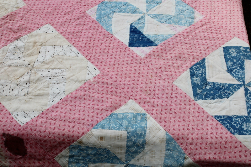 photo of Civil War 1800s vintage pinwheel pattern quilt, very old antique cotton fabrics hand pieced patchwork quilt  #17