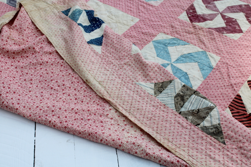 photo of Civil War 1800s vintage pinwheel pattern quilt, very old antique cotton fabrics hand pieced patchwork quilt  #19
