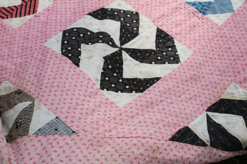 photo of Civil War 1800s vintage pinwheel pattern quilt, very old antique cotton fabrics hand pieced patchwork quilt  #20