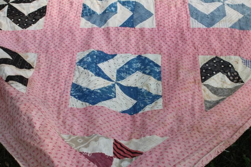 photo of Civil War 1800s vintage pinwheel pattern quilt, very old antique cotton fabrics hand pieced patchwork quilt  #21