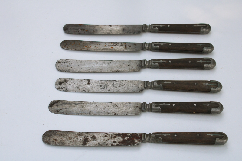 photo of Civil War era antique dinner table knives, Universal carbon steel w/ metal trimmed wood handles #1