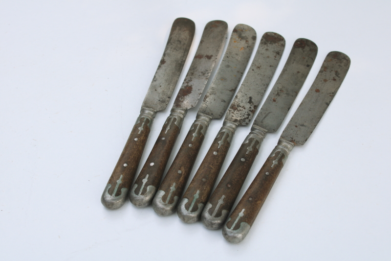 photo of Civil War era antique dinner table knives, Universal carbon steel w/ metal trimmed wood handles #5