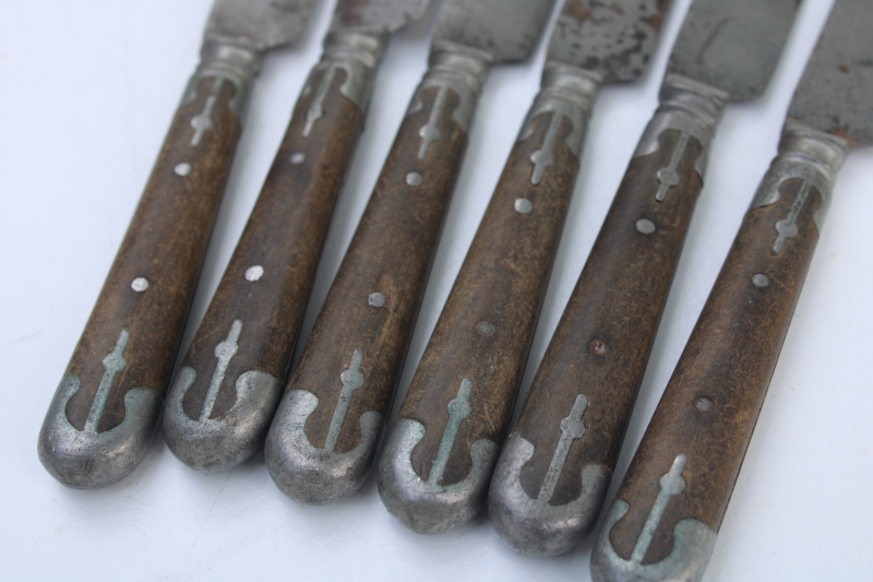 photo of Civil War era antique dinner table knives, Universal carbon steel w/ metal trimmed wood handles #6