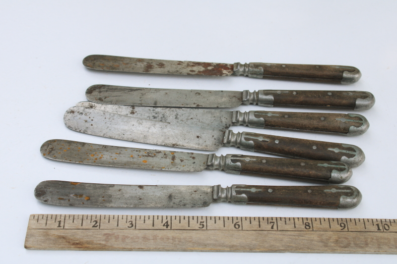 photo of Civil War era antique dinner table knives, Universal carbon steel w/ metal trimmed wood handles #7