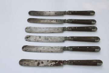 catalog photo of Civil War era antique dinner table knives, Universal carbon steel w/ metal trimmed wood handles