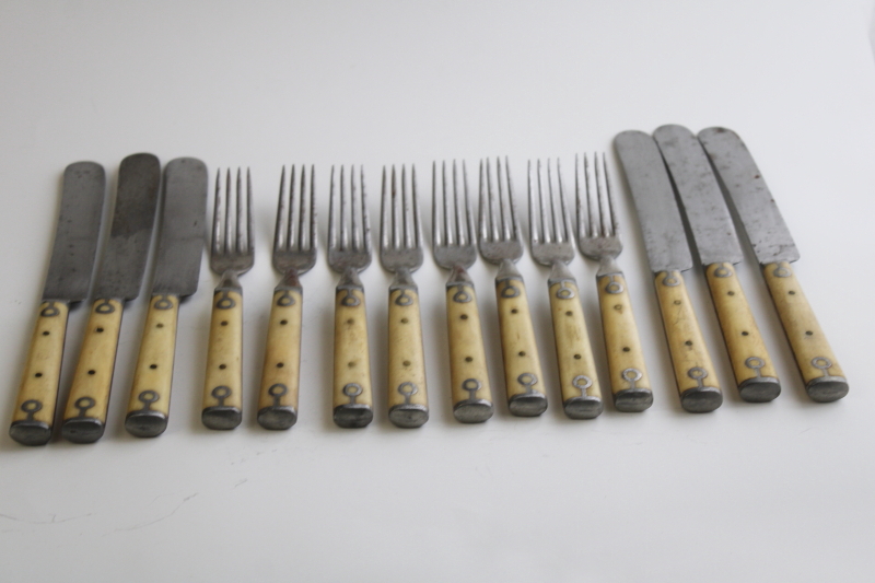 photo of Civil war antique steel forks & table knives w/ bone handles, 1800s vintage Landers Frary Clark #1