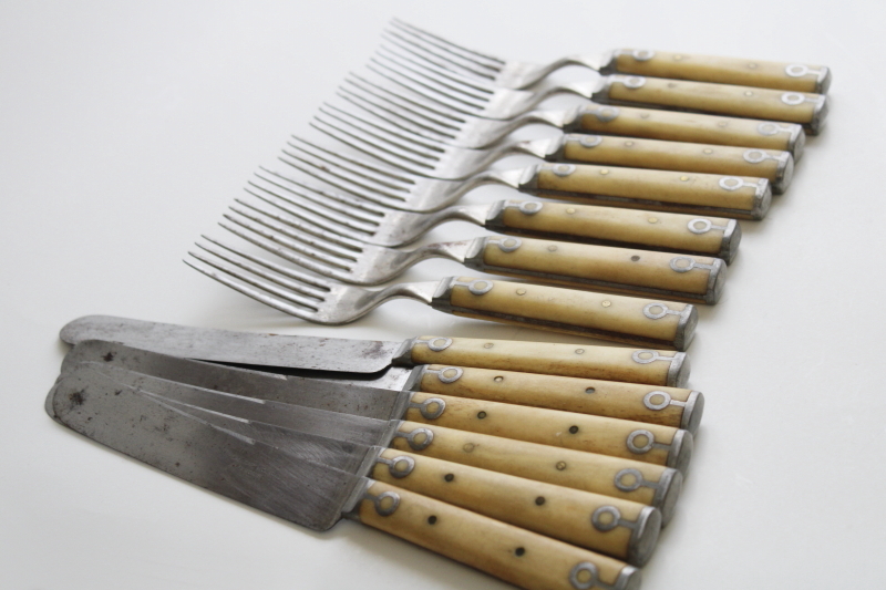 photo of Civil war antique steel forks & table knives w/ bone handles, 1800s vintage Landers Frary Clark #5