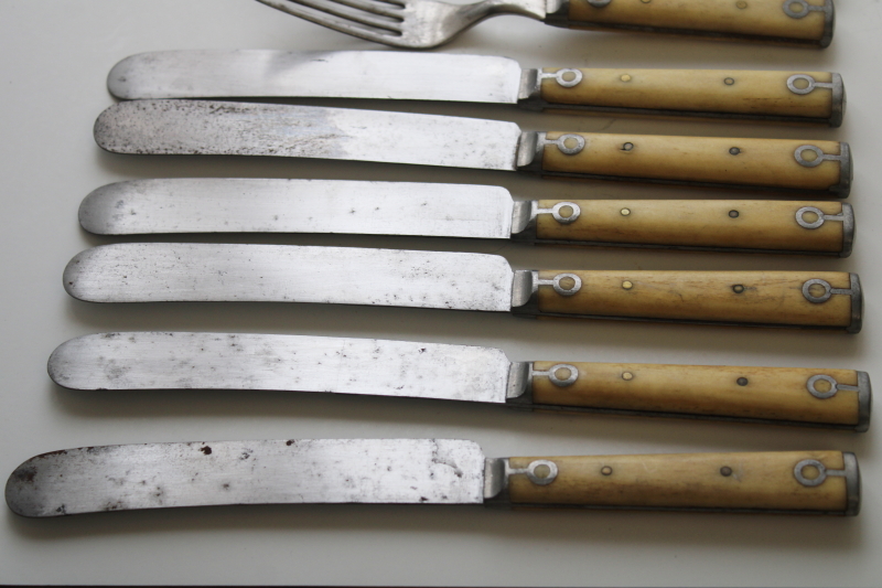photo of Civil war antique steel forks & table knives w/ bone handles, 1800s vintage Landers Frary Clark #8