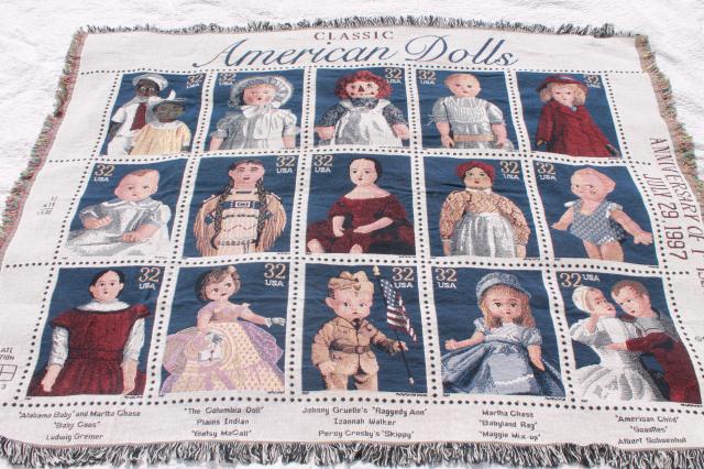 photo of Classic American Dolls USPS postage stamps 90s vintage woven cotton throw blanket #1
