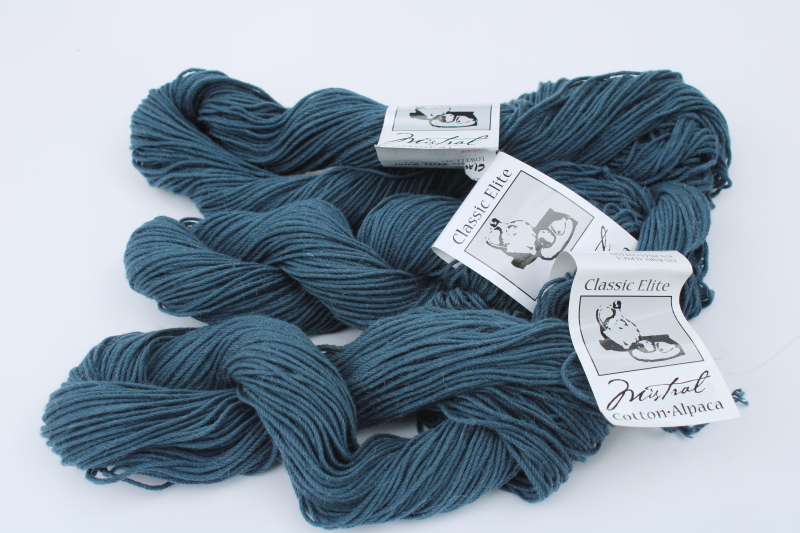 photo of Classic Elite yarns Mistral pima cotton alpaca blend dusky teal blue three 50 gram hanks  #1
