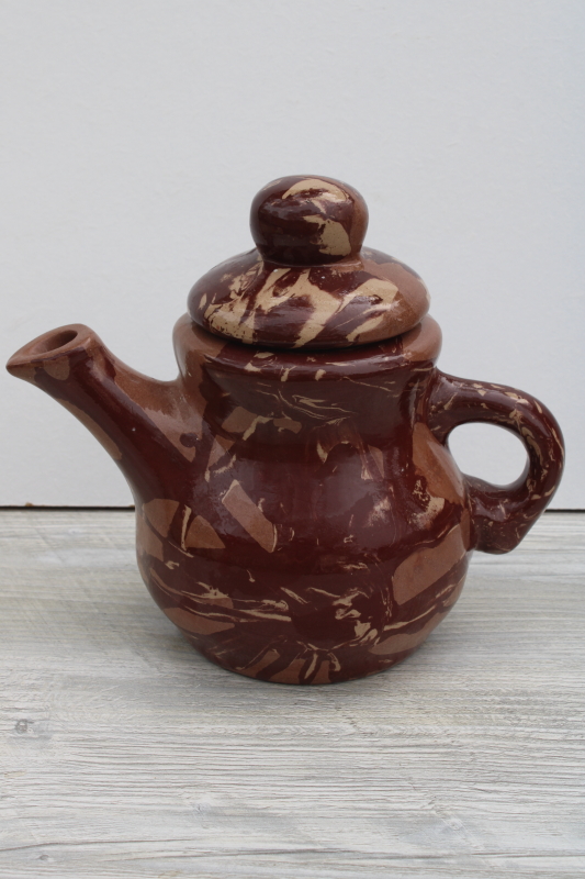 photo of Clays in Calico studio pottery Cardwell Montana marbled swirl redware clay teapot #1