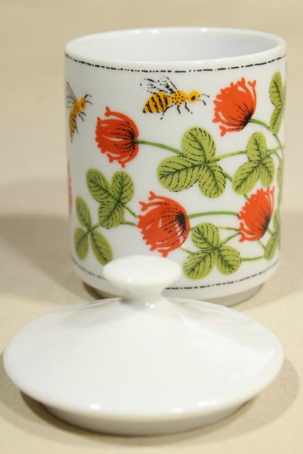 photo of Clover Honey pot 60s 70s vintage Japan ceramic jam jar, bees & red clover #2