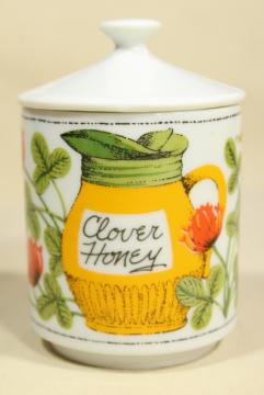 photo of Clover Honey pot 60s 70s vintage Japan ceramic jam jar, bees & red clover