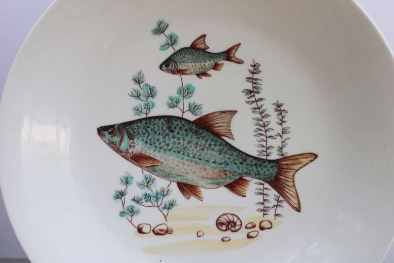 photo of Cmielow Poland china plate, vintage luncheon plate fish pattern teal green & blue  #2