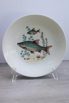 catalog photo of Cmielow Poland china plate, vintage luncheon plate fish pattern teal green & blue 