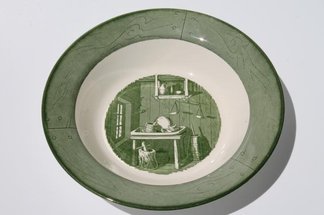 photo of Colonial Homestead green & white transferware serving bowl, vintage Royal china #1