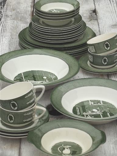 photo of Colonial Homestead green & white transferware, vintage Royal china dishes #1