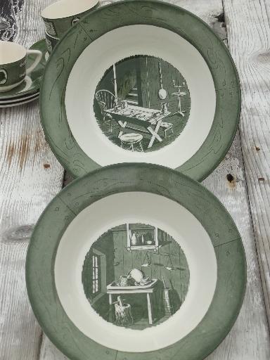 photo of Colonial Homestead green & white transferware, vintage Royal china dishes #7