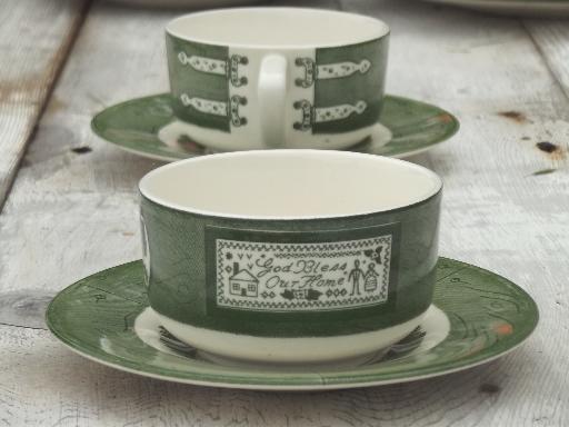 photo of Colonial Homestead green & white transferware, vintage Royal china dishes #10