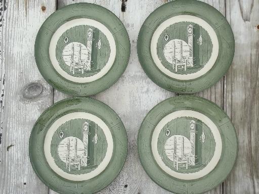 photo of Colonial Homestead green & white transferware, vintage Royal china dishes #12