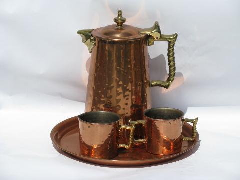 photo of Colonial Ware hammered copper coffee set, pot w/ sugar, cream pitcher on tray #1