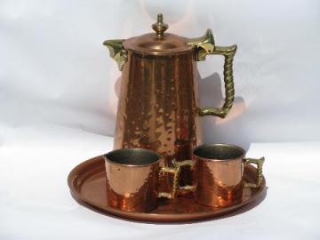 catalog photo of Colonial Ware hammered copper coffee set, pot w/ sugar, cream pitcher on tray