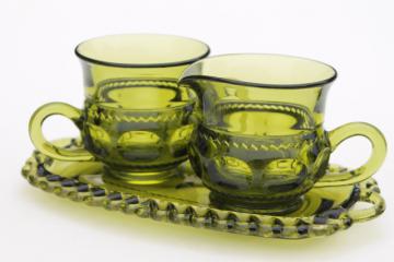 catalog photo of Colony / Indiana green glass Kings Crown thumbprint pattern cream & sugar w/ tray