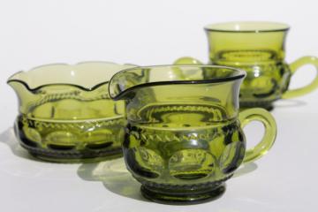 catalog photo of Colony King's Crown green glass cream & sugar set, mayonnaise or sauce bowl