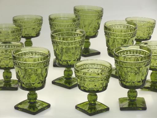 photo of Colony Park Lane pattern glass, green water glasses goblets & sherbets  #1