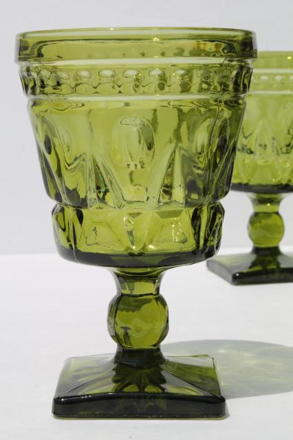 photo of Colony Park Lane vintage avocado green glass water goblets/ wine glasses, 70s retro glassware set #2