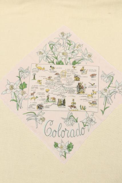 photo of Colorado state map print hanky, 50s 60s vintage souvenir handkerchief #1