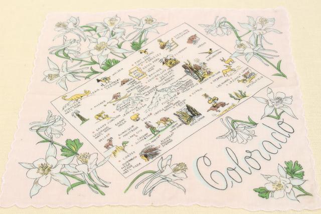 photo of Colorado state map print hanky, 50s 60s vintage souvenir handkerchief  #2