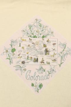 catalog photo of Colorado state map print hanky, 50s 60s vintage souvenir handkerchief 