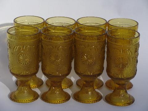 photo of Concord daisy pattern sandwich glass goblets, 8 vintage amber wine glasses #1