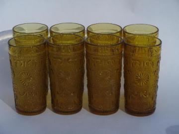 catalog photo of Concord daisy pattern sandwich glass tumblers, 8 vintage amber glasses