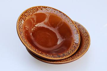 catalog photo of Connemara Celtic mod vintage pottery made in Ireland, rim soup bowls in brown glaze