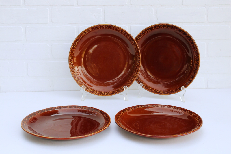 photo of Connemara Celtic mod vintage pottery made in Ireland, set of four dinner plates brown glaze #1